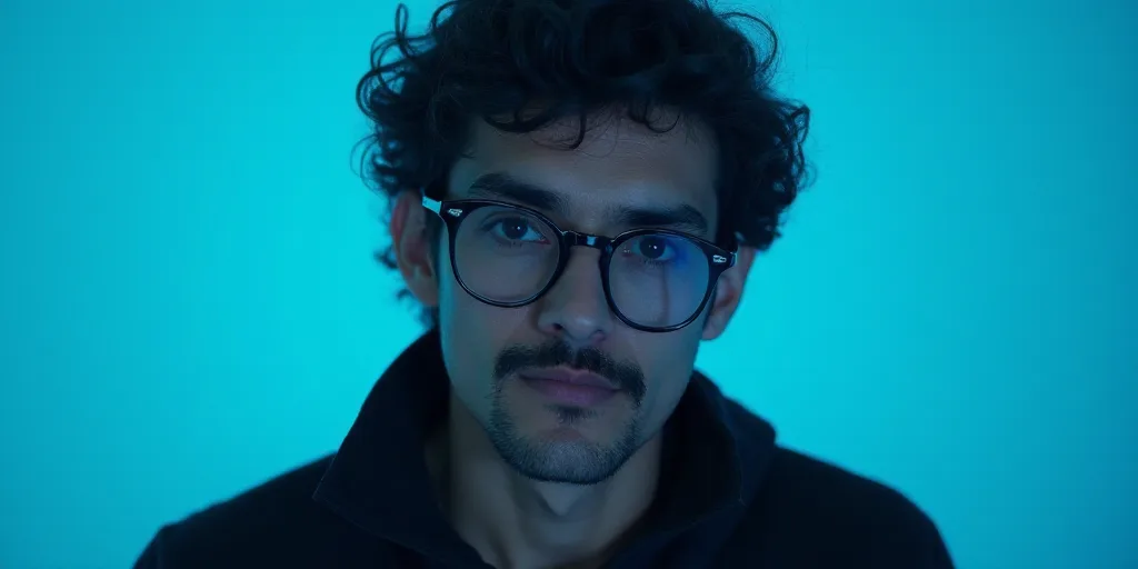 a man with a mustache and glasses is in front of a blue background with a black and white photo, Cá