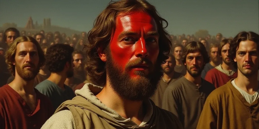 a man with a red face painted on his face and a crowd of people behind him in the background, Andrei