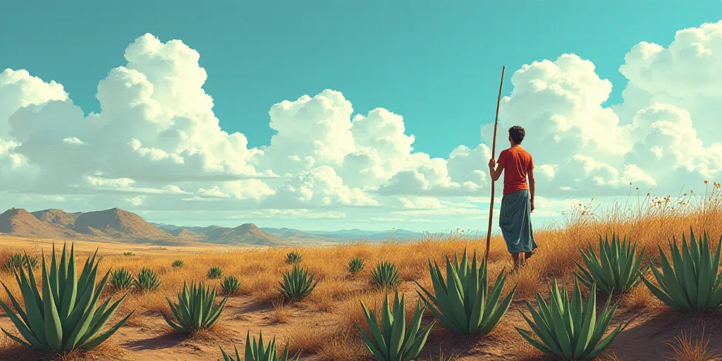 a man with a stick in a field of agaves with a sky background and clouds in the sky, Aquirax Uno, bl