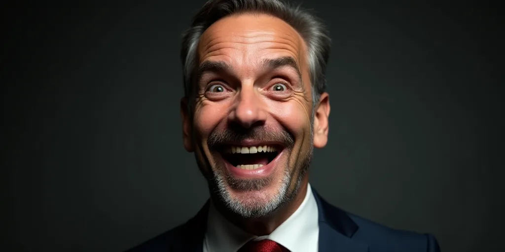 a man with a tie and a suit jacket on smiling at the camera with his mouth open and his eyes wide op
