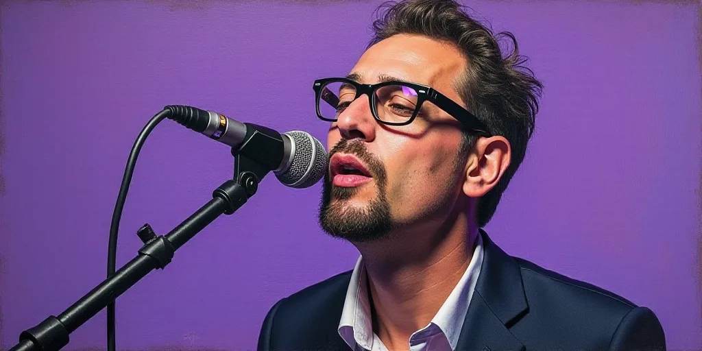a man with glasses and a microphone in front of a purple background with a microphone in his mouth a