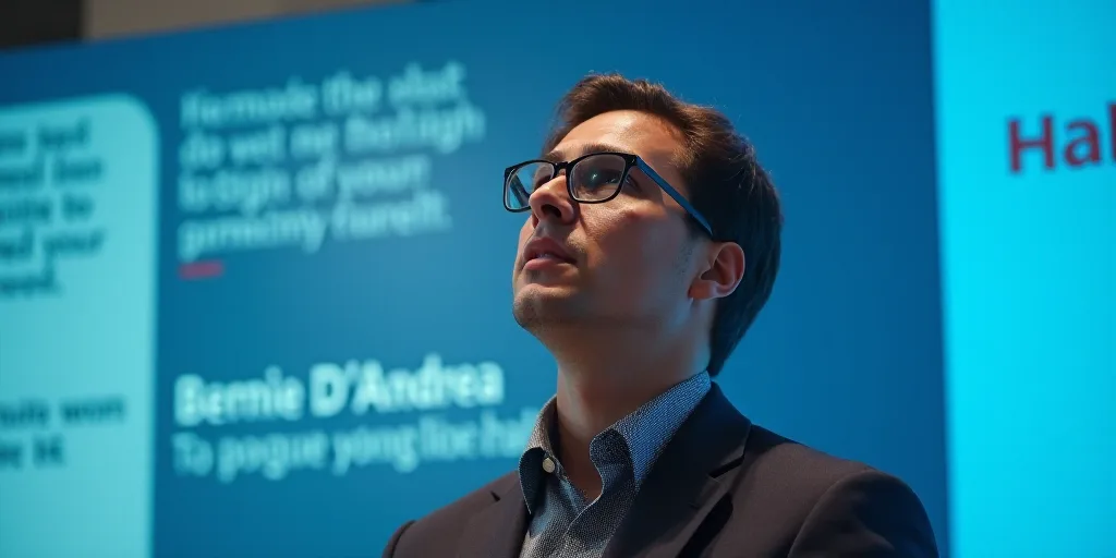 a man with glasses is looking up at something in the distance with a blue background behind him and