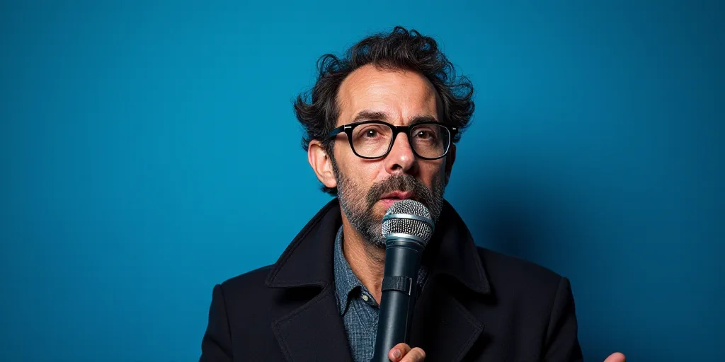 a man with glasses on his face and a microphone in his hand and a microphone in his mouth, with a bl