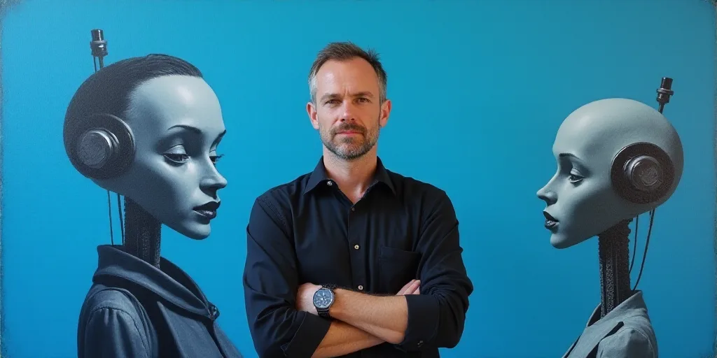 a man with his arms crossed standing in front of a blue background with a black and white photo of h