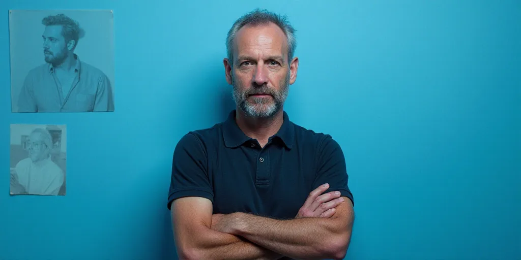 a man with his arms crossed standing in front of a blue background with a black and white photo of h