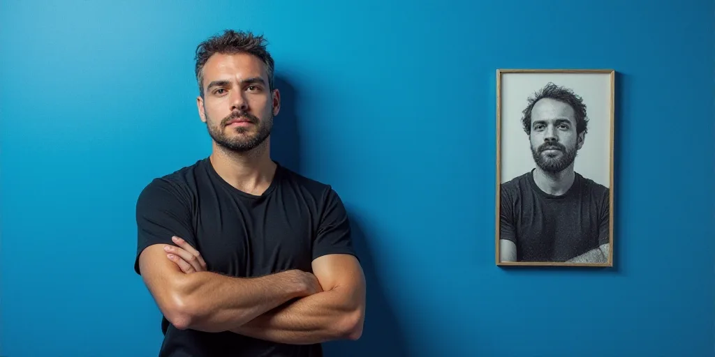 a man with his arms crossed standing in front of a blue background with a black and white photo of h