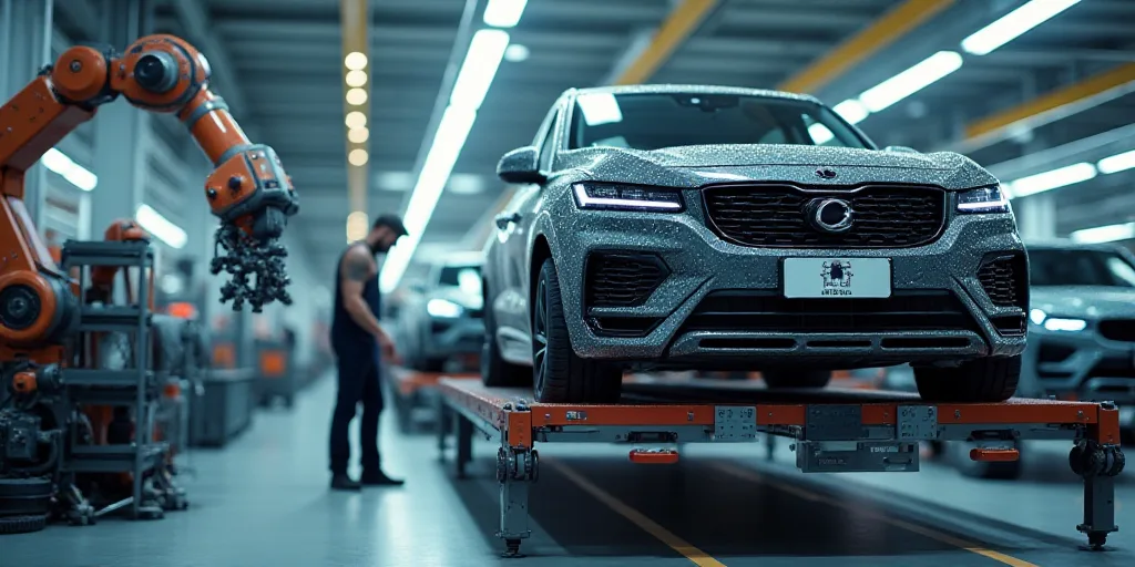 a man working on a car in a factory with a car being assembled on a machine and a car being assemble