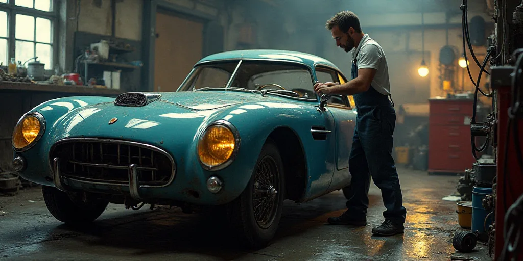 a man working on a car in a garage with a wrench and a wrench in his hand, Dahlov Ipcar, ex machina,