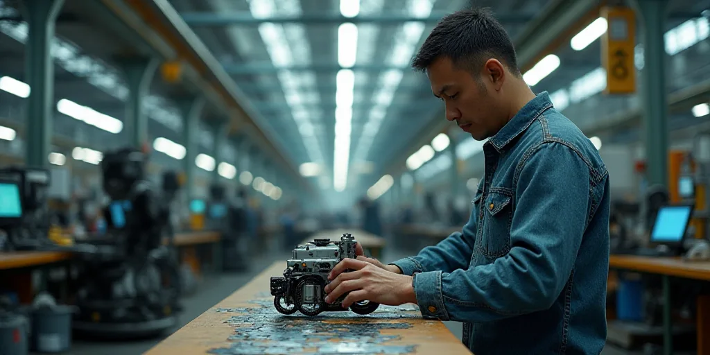 a man working on a machine in a factory with lots of machines in the background and a man in the for