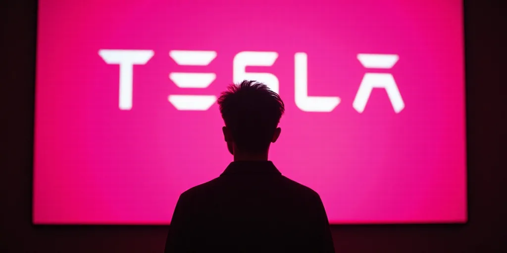 a man's silhouette is shown in front of a pink sign with the word tesla on it and a silhouette of a