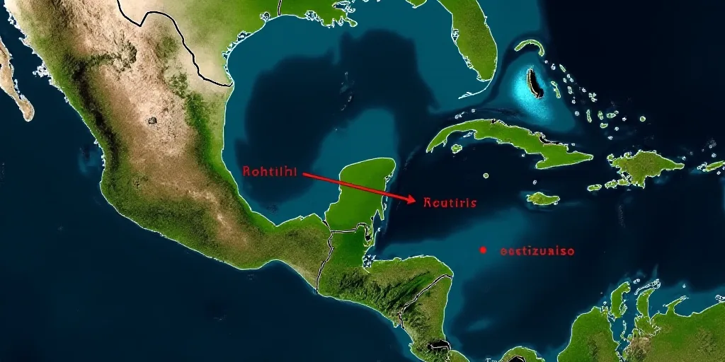 a map of the tropical region of mexico with a red line pointing to the location of the major areas,