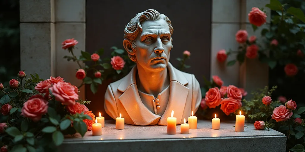 a memorial with candles and a picture of charlie kirk on it and flowers and candles around it with a