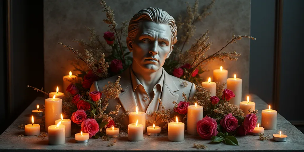 a memorial with candles and a picture of charlie kirk on it and flowers and candles around it with a