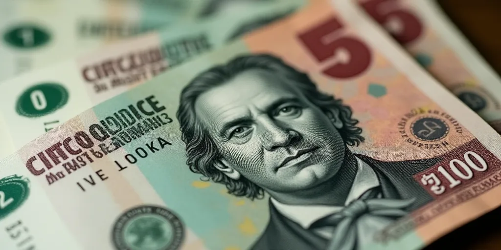 a mexican currency with a portrait of a man on it and a pile of bills in the background with a few b