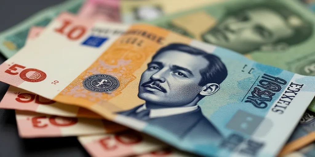 a mexican currency with a portrait of a man on it and a pile of bills in the background with a few b