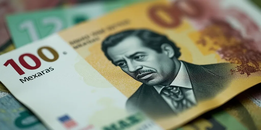 a mexican currency with a portrait of a man on it and a pile of bills in the background with a few b