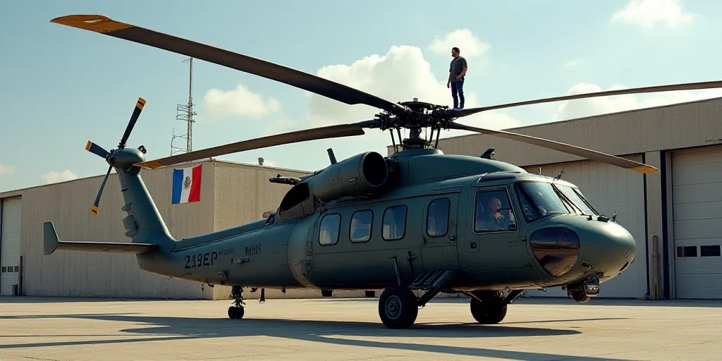a military helicopter parked in front of a building with a flag on it's side and a man standing on t