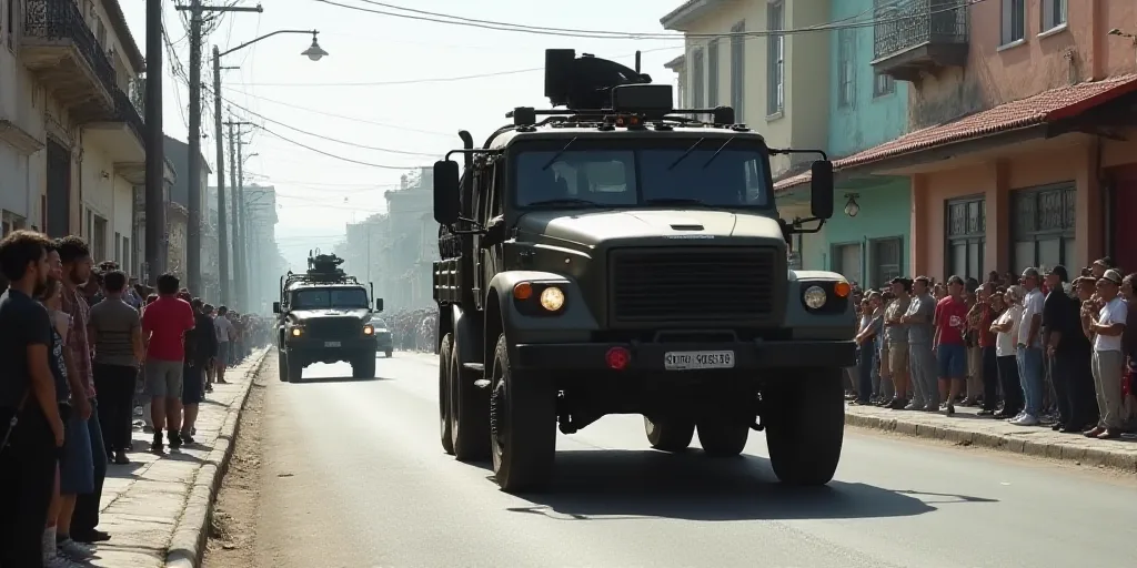 a military vehicle driving down a street with people in the background watching it from the side of