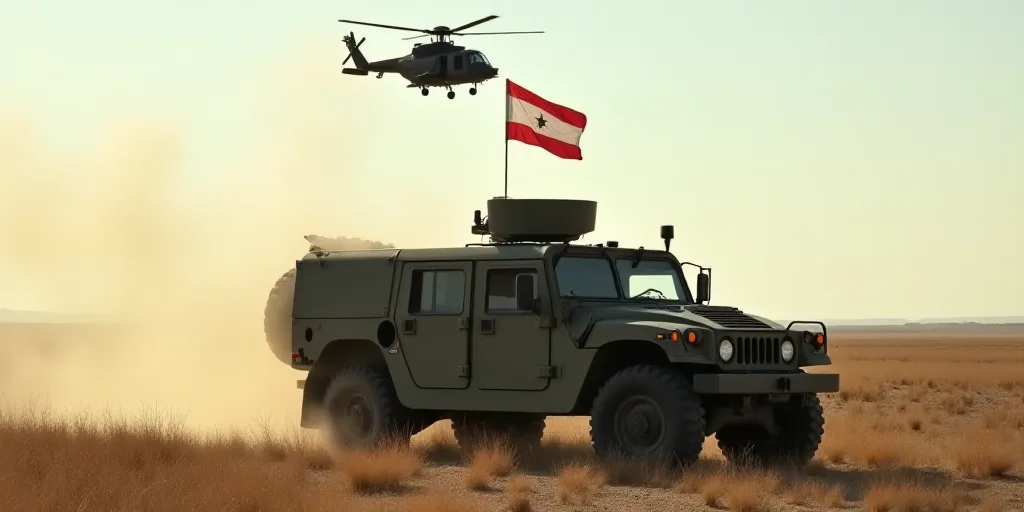 a military vehicle parked in a field with a helicopter flying overhead in the background and a flag