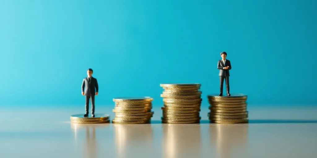 a miniature man and woman standing in front of stacks of coins on a table with a blue background and