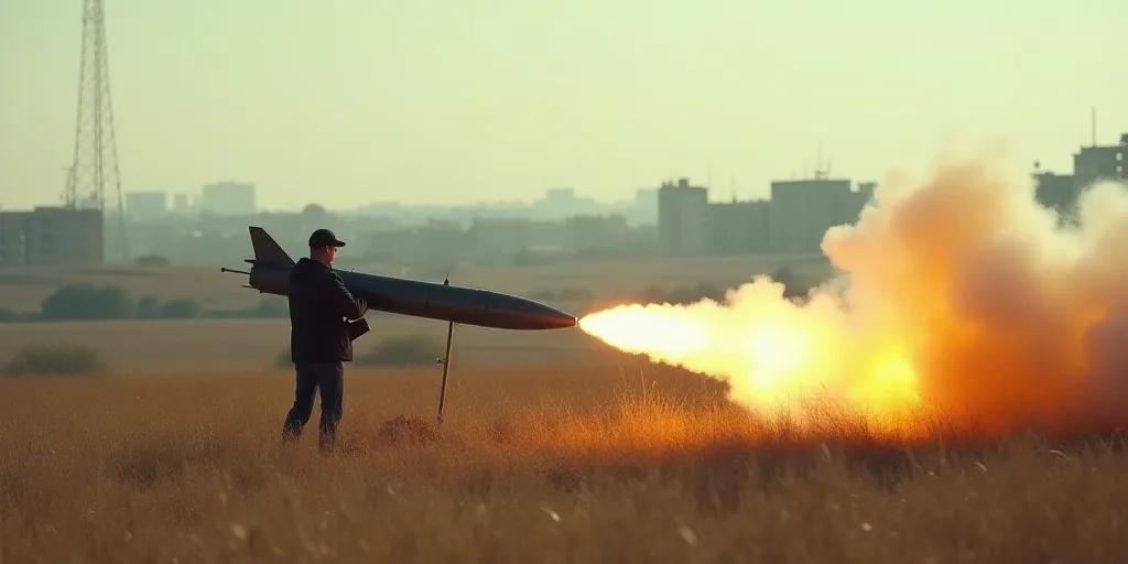 a missile is being fired by a man in a field with buildings in the background and a city in the dist