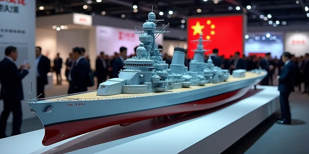 a model of a battleship on display at a convention or exhibition with people looking at it and a dis
