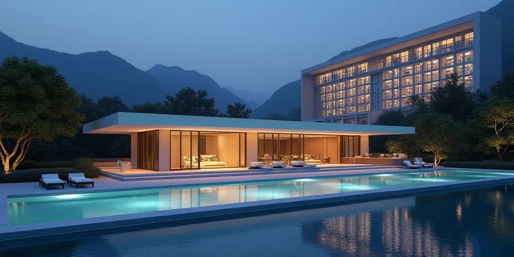 a model of a building with a pool in front of it and a hotel in the background at night, Cui Bai, 3