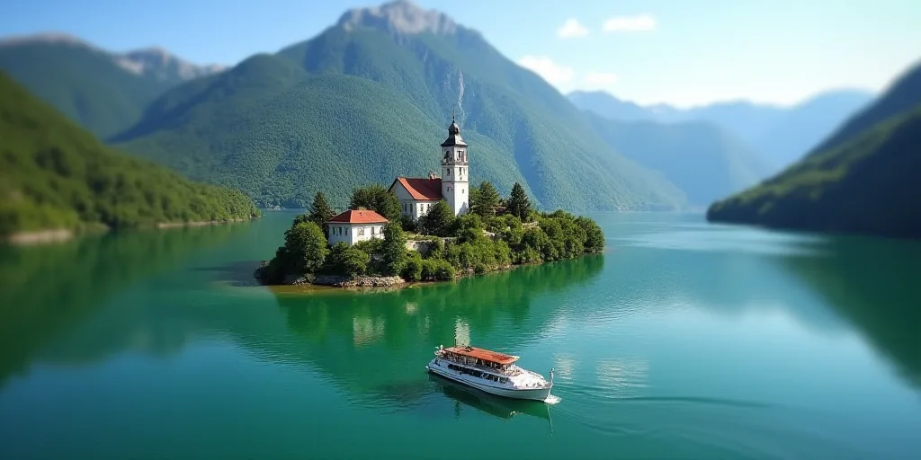 a mountain with a lake in the middle of it and a boat in the water below it on a sunny day, Bela Či