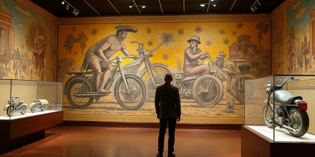 a museum with a large mural of people riding motorcycles and other things on display in a museum cas