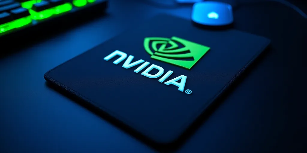 a nvidia logo on a computer keyboard and mouse pad with a blue background and a green and white logo