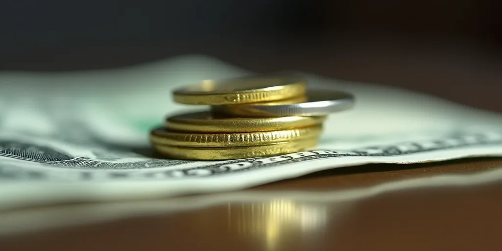 a one dollar bill with a gold and silver coin on top of it, with a reflection on the table, Aquirax