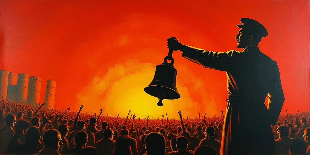 a painting of a man holding a bell with a crowd of people in the background behind him and a red sky