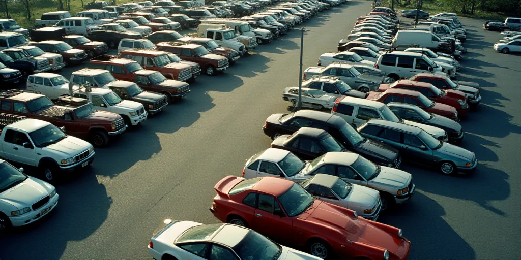 a parking lot filled with lots of parked cars next to each other on top of a parking lot next to a p