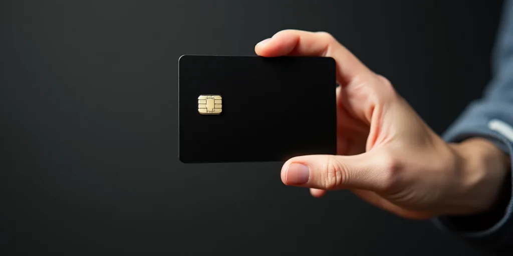 a person holding a black kapital bank card in their hand with a white background and a black backgro
