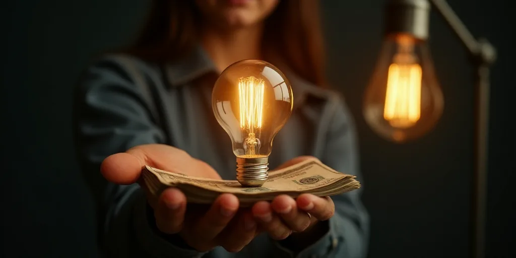 a person holding a bunch of money in their hand with a light bulb in the background with a lit up li
