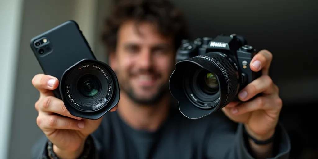 a person holding a camera and a cell phone with a lens in front of them and a camera in the other ha