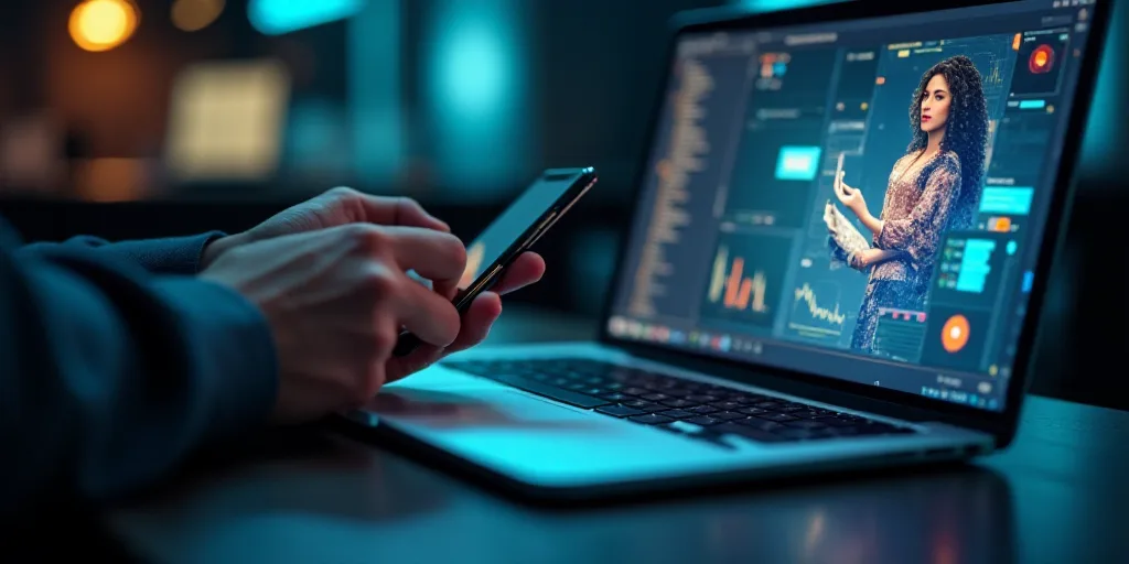 a person holding a cell phone and a laptop computer with a graphic of a person holding a cell phone,