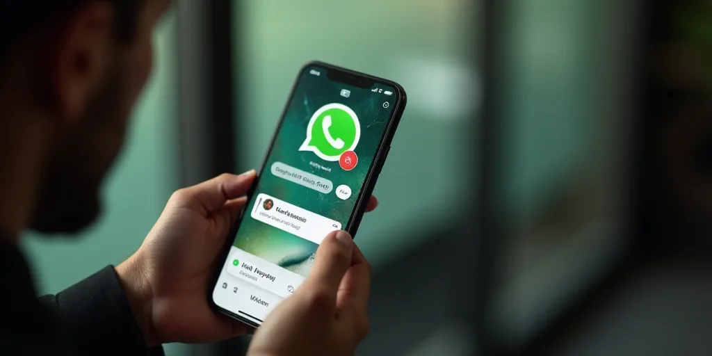a person holding a cell phone with whatsapp on the screen and a message bubble on the screen, Boucht