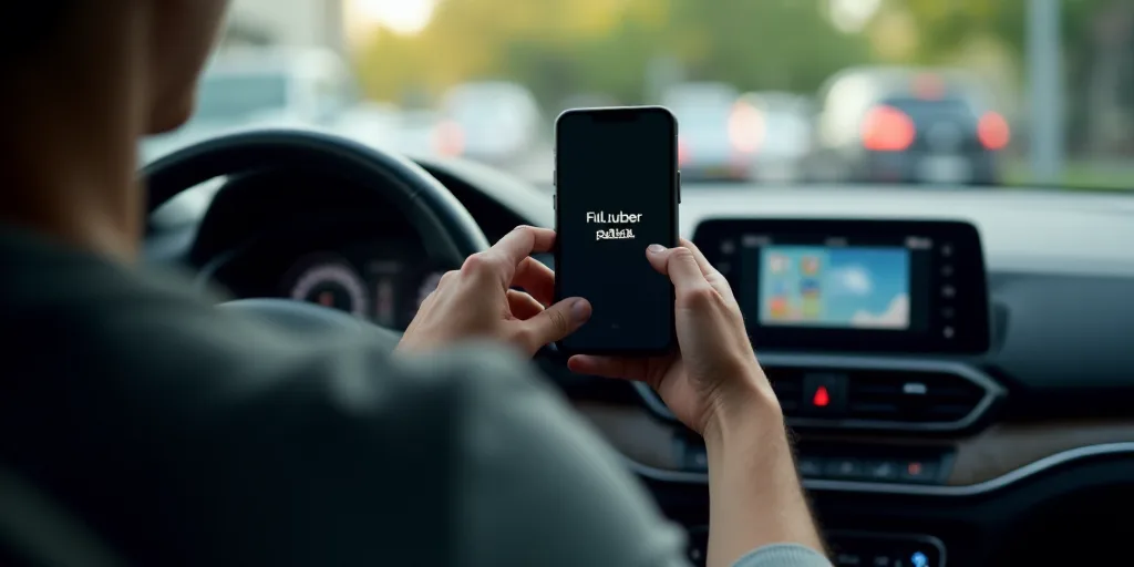 a person holding a cell phone in their hand while driving a car with the word uber on the screen, É