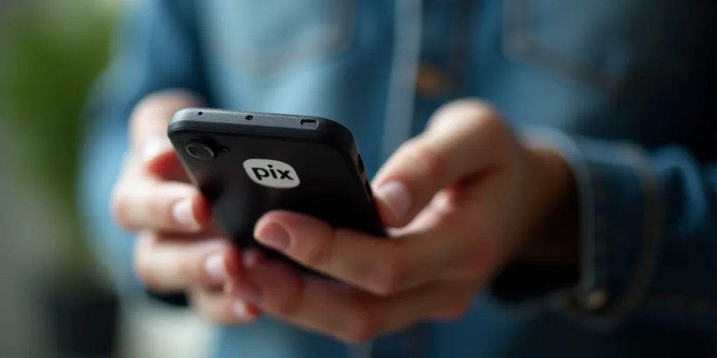 a person holding a cell phone in their hands with the pix logo on it and a blurry background, Carles