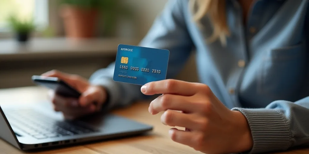 a person holding a credit card and a cell phone in their hands while sitting at a table with a lapto