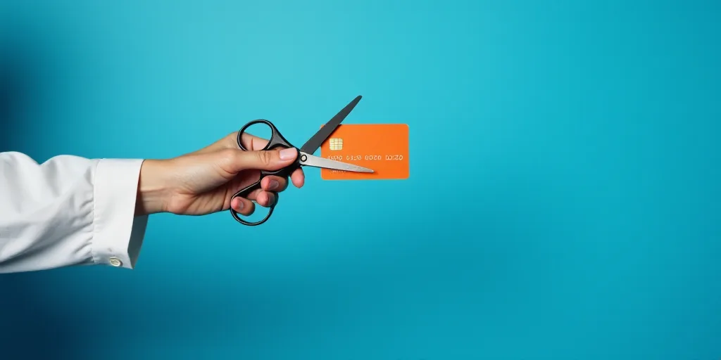 a person holding a credit card and a pair of scissors in their hand, against a blue background,, And
