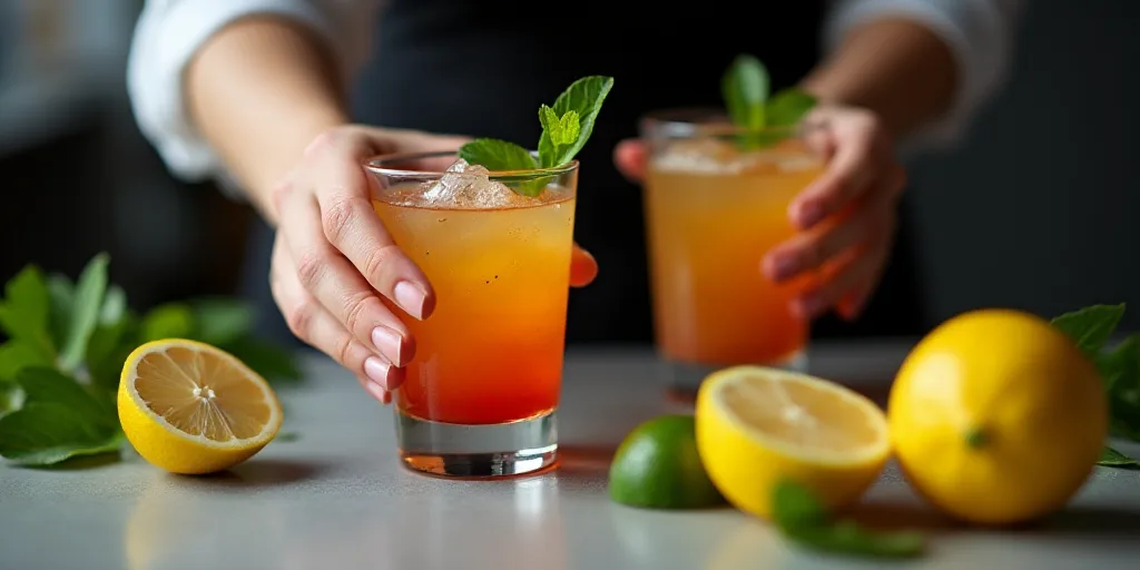 a person holding a drink in a glass next to another drink in a glass on a table with a lemon and a l