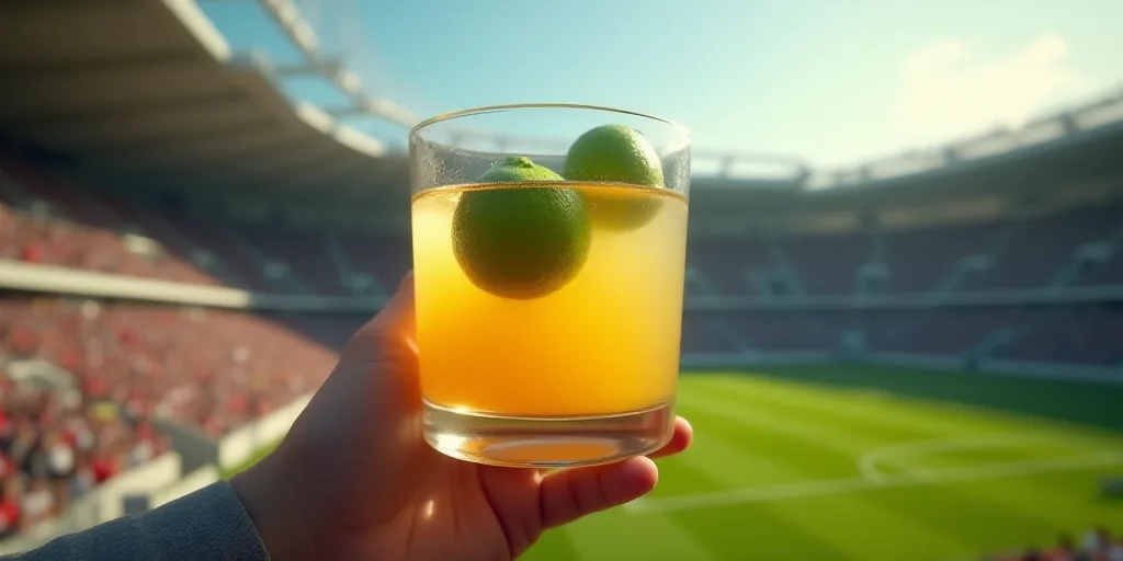 a person holding a glass with a drink in it with two limes on top of it in front of a stadium, Beepl