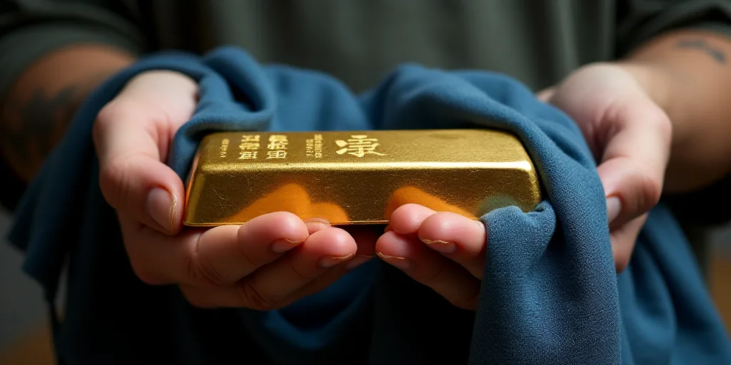 a person holding a gold bar in their hand and a blue cloth on top of it and a blue cloth on the othe