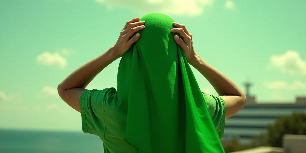 a person holding a green scarf over their head with a sky background in the background and a buildin