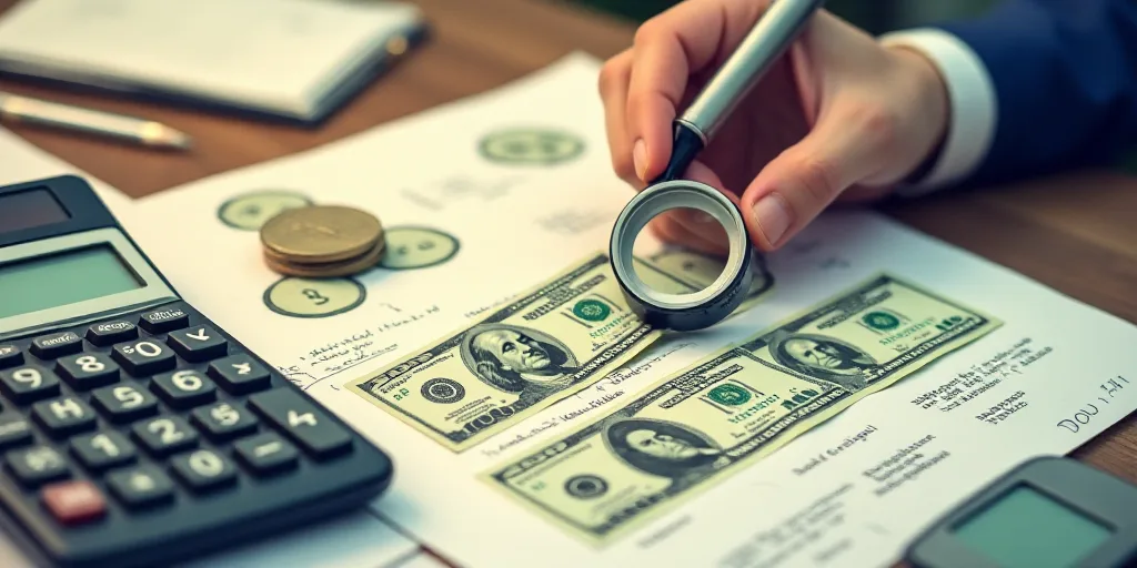 a person holding a magnifying glass over a paper with a lot of money on it and a calculator, Dahlov