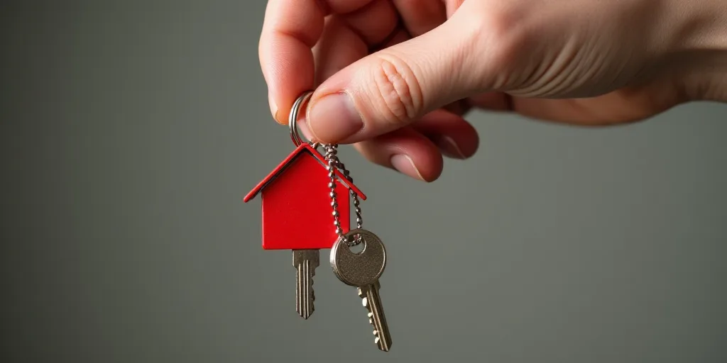 a person holding a red key to a house with a red house keychain attached to it's side, Andries Stock