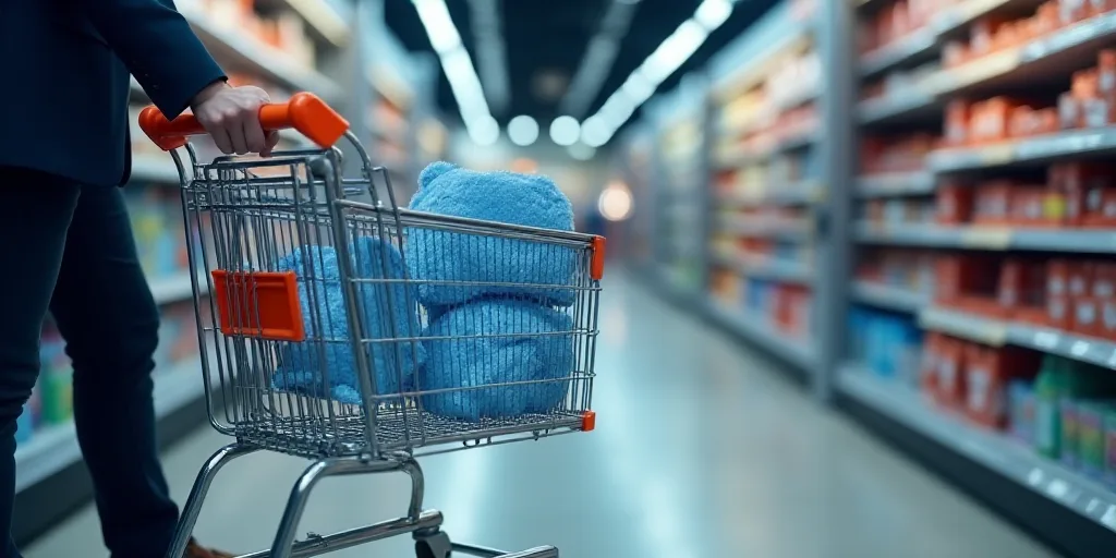 a person holding a shopping cart in a store aisle with a display of shelves in the background and a