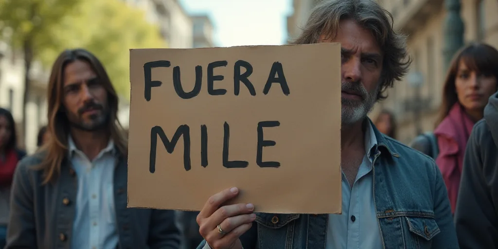 a person holding a sign that says fuera mile on it with a woman looking on behind them and a man sta